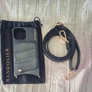 Bandolier Black Leather Phone Case with Gold Accents iPhone 14 Pro Max